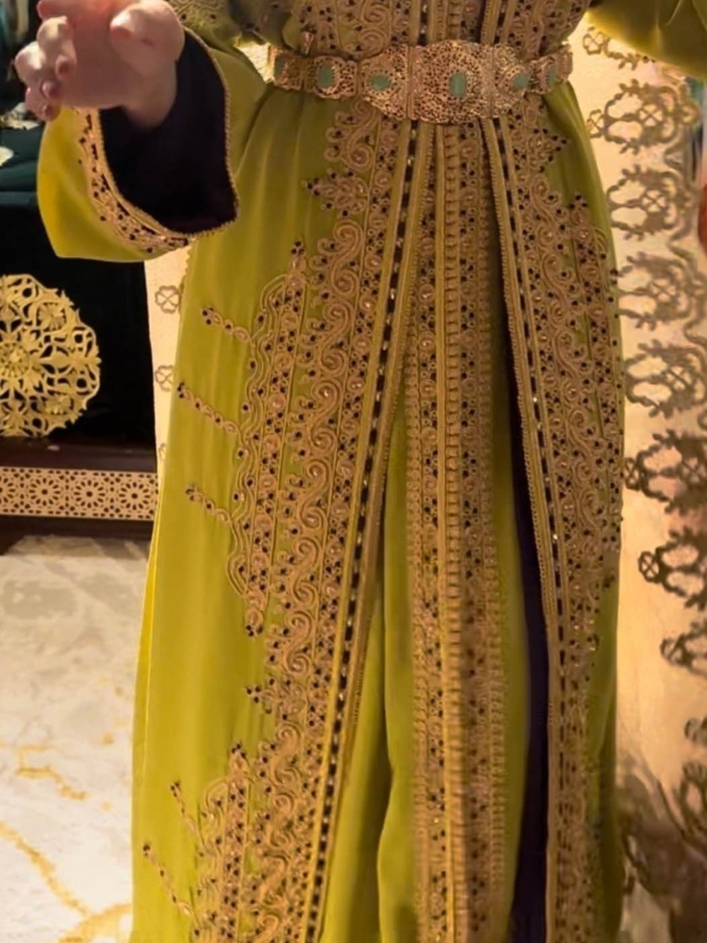Ornate Olive Green Embroidered Caftan with Decorative Belt